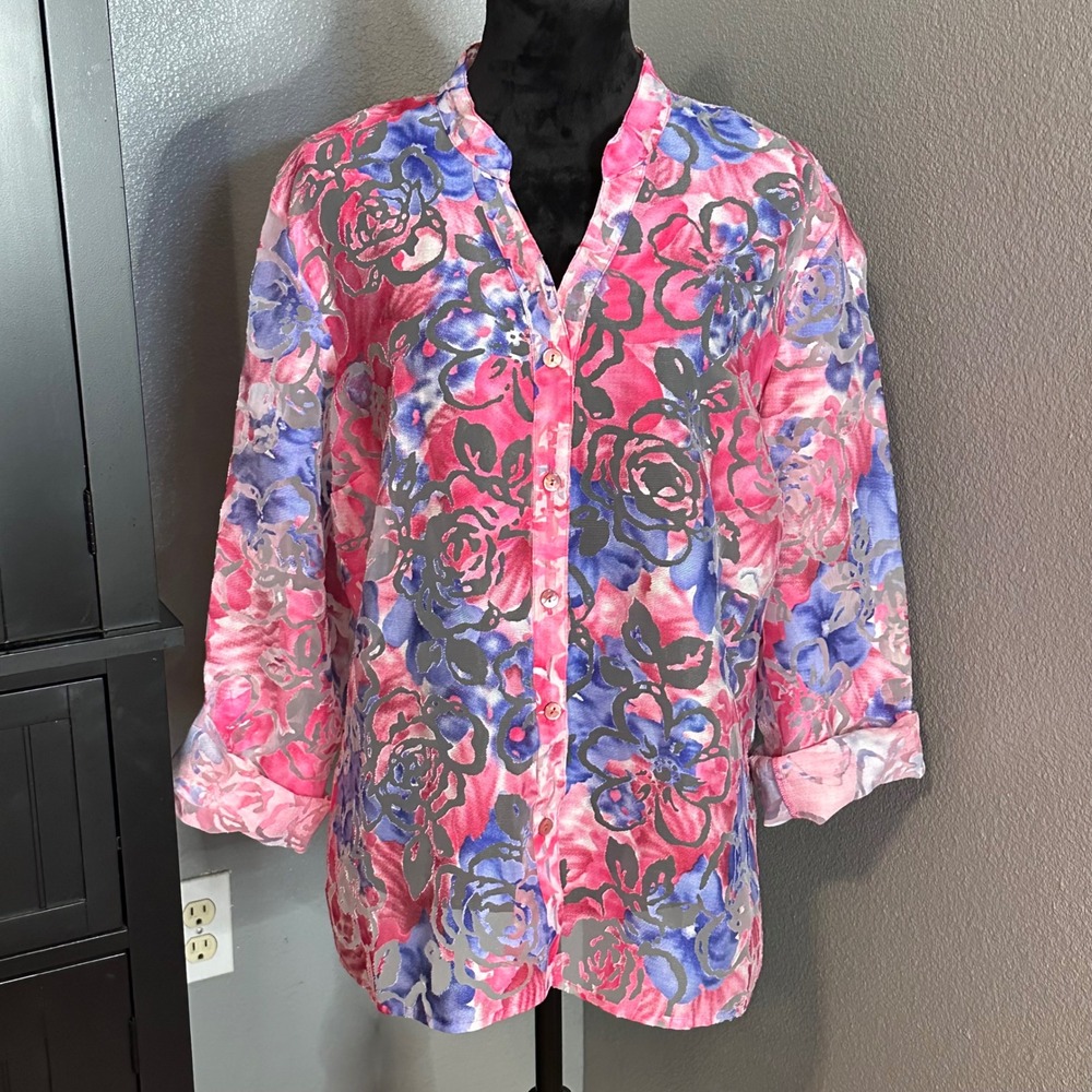Choices Womens XL‎ Floral Sheer Button Blouse Roll Tab Sleeves Boho Cottagecore